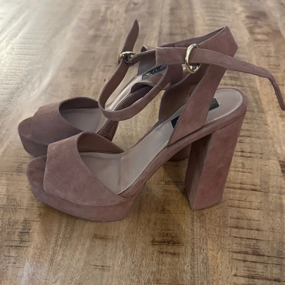 AQUA BLOOMINGDALES Mardi tan Brown leather Suede Platform Sandals heels ankle
